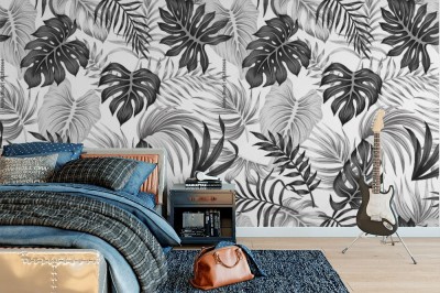 Fototapeta z czarno-białym wzorem vintage w tropikalne liście