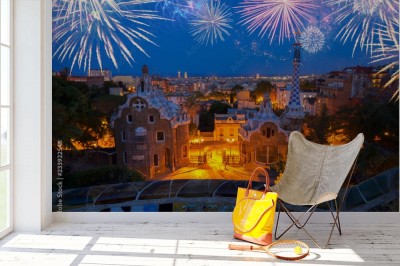 Fototapeta Barcelona nocą z fajerwerkami