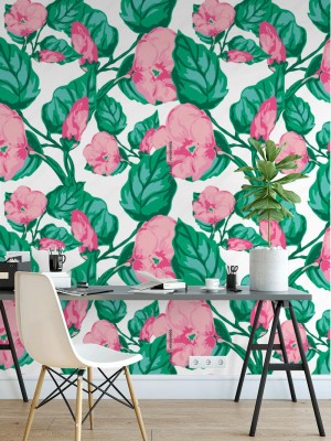 Fototapeta z zielono różowym wzorem z kwiatów