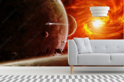 Fototapeta Czerwona mgławica w przestrzeni z planetą Ziemią