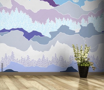 Fototapeta z abstrakcyjnym zadrzewionym krajobrazem górskim