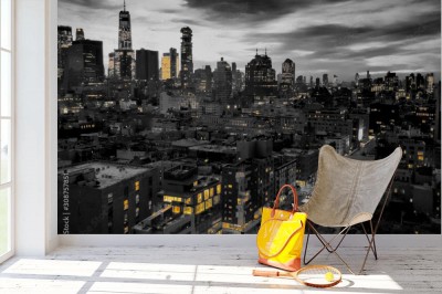 Fototapeta Czarno-biała panorama Nowego Jorku z żółtymi światłami