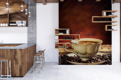 Fototapeta Kawa  Filiżanka kawy i ziaren kawy  Rocznik filiżanka i stary dębowy stół