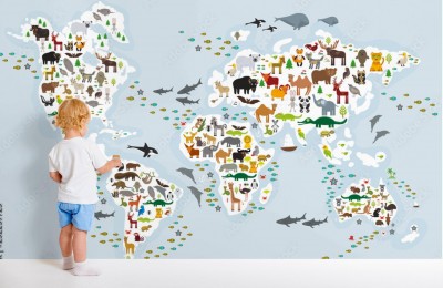 Fototapeta Animowana mapa świata ze zwierzętami