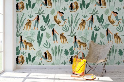 Fototapeta Bezszwowy wzór z kobietami, lampartami i tropikalnymi liśćmi