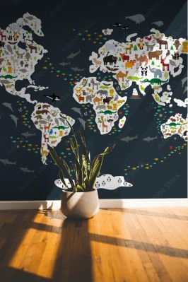 Fototapeta Mapa świata dla dzieci w stylu skandynawskim na ciemnym tle