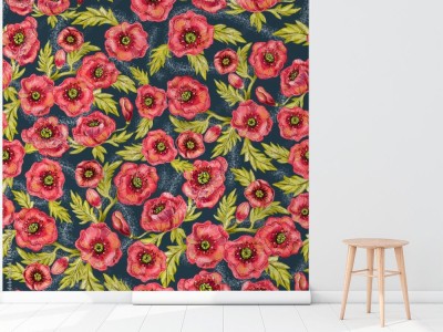 Fototapeta Red poppy flowers seamless pattern design on dark background, floral backdrop