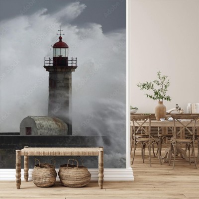 Fototapeta Burzowa fala nad latarnią morską