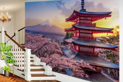 Fototapeta Fujiyoshida, Japonia Piękny widok na górę Fuji i pagodę Chureito o zachodzie słońca