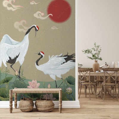 Fototapeta Ilustracja z japońskimi żurawiami i lotosami