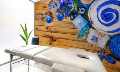 Fototapeta Koncepcja Spa w odcieniach niebieskiego na drewnianej powierzchni