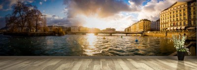 Fototapeta Miasto Genewa o zachodzie słońca, Szwajcaria, zima