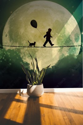 Fototapeta Spacer z kotem po linie na tle księżyca w pełni