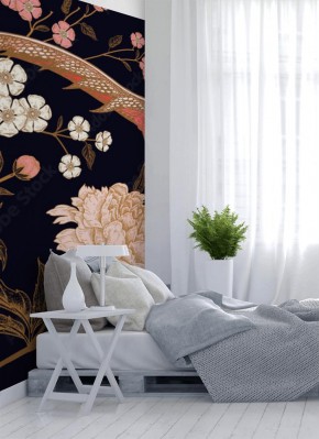 Tapeta Wzór z egzotycznych bażantów i kwiatów piwonii 