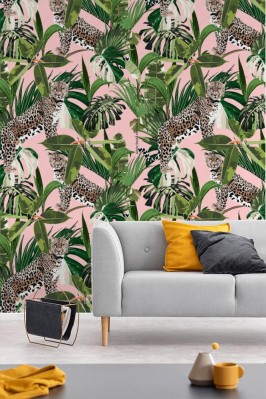 Tapeta Wzór z lampartem i egzotycznymi modnymi roślinami