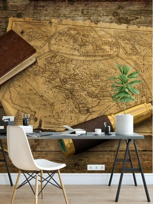 Fototapeta Mapa starego świata z teleskopem