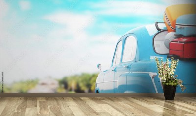 Fototapeta Samochód na wakacje z walizkami i bagażem