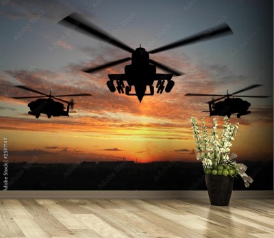 Fototapeta Sylwetki helikopterów o wschodzie słońca