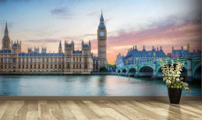 Fototapeta Panorama Londynu, Wielkiej Brytanii  Big Ben w pałacu Westminsterskim nad Tamizą o zachodzie słońca