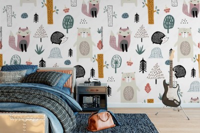 Tapeta z jednolitym wzorem dziecięcym w leśne stworki