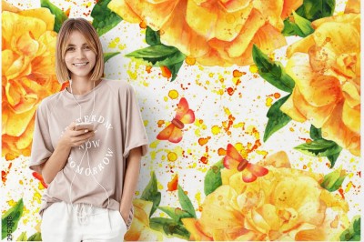 Tapeta z motywem żółtych pączków róży z motylem na białym tle