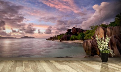 Fototapeta Panorama Anse Source d'Argent o zmierzchu