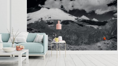 Fototapeta Samotny czerwony punkt wśród wielkich czarno-białych gór