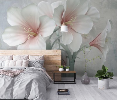 Fototapeta 3d białe kwiaty z zielonymi gałązkami na marmurowym tle