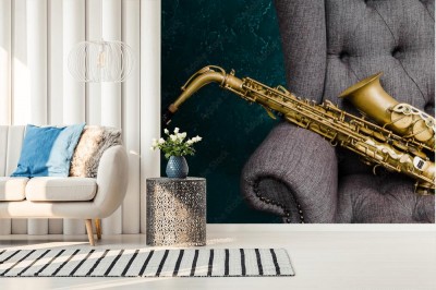 Fototapeta Saksofon na szarym krześle