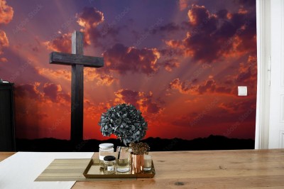 Fototapeta Stary drewniany krzyż o wschodzie słońca