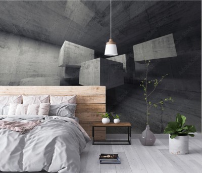 Fototapeta Streszczenie betonowe wnętrze 3d z latającymi kostkami