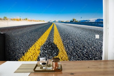 Fototapeta Żółte paski na drodze asfaltowej