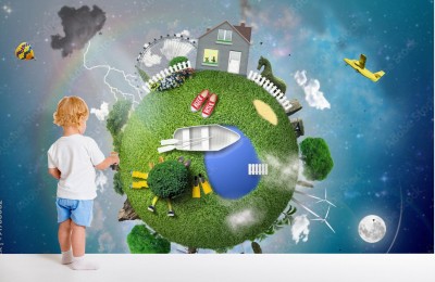 Fototapeta Mała planeta z domem i parkiem dla dzieci