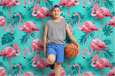 Fototapeta Modne różowe flamingi na lazurowym tle