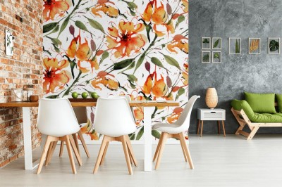 Tapeta w malowane akwarelą piękne pomarańczowe kwiaty do sypialni