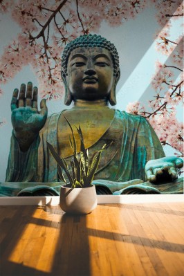 Fototapeta Buddha statua z czereśniowym okwitnięciem w Po Lin monasterze, Hong Kong