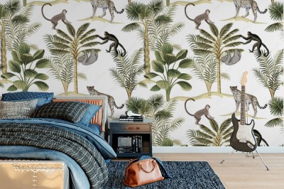 Tapeta Tropikalna mozaika z zielonymi palmami i zwierzętami