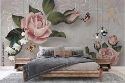 Fototapeta 3d tapety różowe kwiaty z zielonymi gałązkami z motylami na marmurowym tle