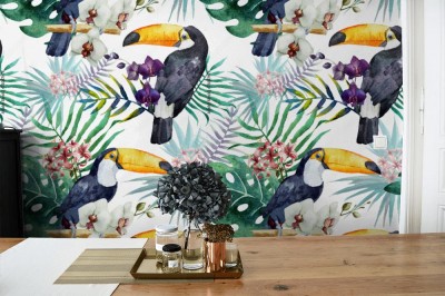 Tapeta Deseń z tukanem i orchideą