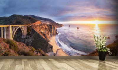 Fototapeta Bixby Creek most na autostradzie 1 przy zachodnim wybrzeżu USA podróżuje południe do Los Angeles, Big Sur teren, Kalifornia