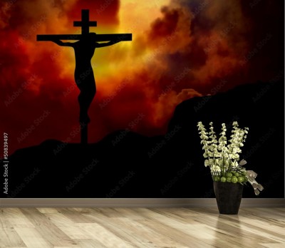 Fototapeta Jezus na krzyżu na krwisto ciemnym tle