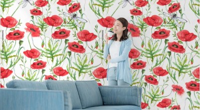 Fototapeta Hand-drawn watercolor floral seamless pattern  Summer meadow flowers - poppy on the white background  Repeated pattern for textile, wallpaper  Red colorful blossom