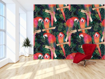 Tapeta w kolorowe papugi na tle egzotycznych liści