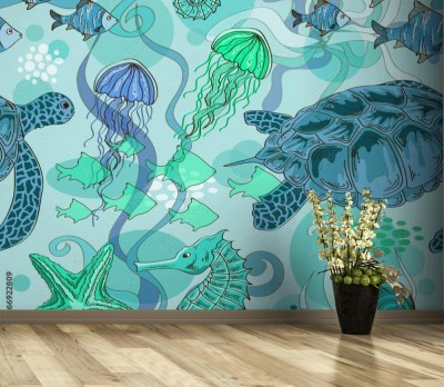 Tapeta Wzór ze zwierzętami morskimi w wodzie