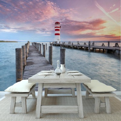 Fototapeta Kładka z latarnią morską na brzegu jeziora