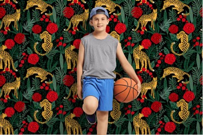 Tapeta Wzór z lampartami, tropikalnymi liśćmi i różami