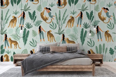 Fototapeta Bezszwowy wzór z kobietami, lampartami i tropikalnymi liśćmi