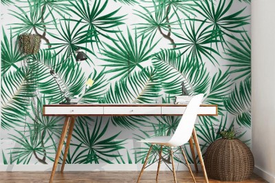 Tapeta z wzorem zielonych tropikalnych liści na białym tle