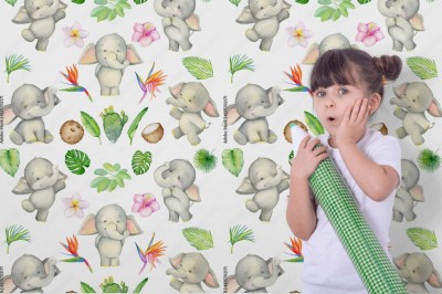 Fototapeta do pokoju dziecięcego w słodkie słonie i liście