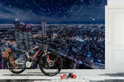 Fototapeta Kompozycyjny obraz Tokio ze spadającymi płatkami śniegu